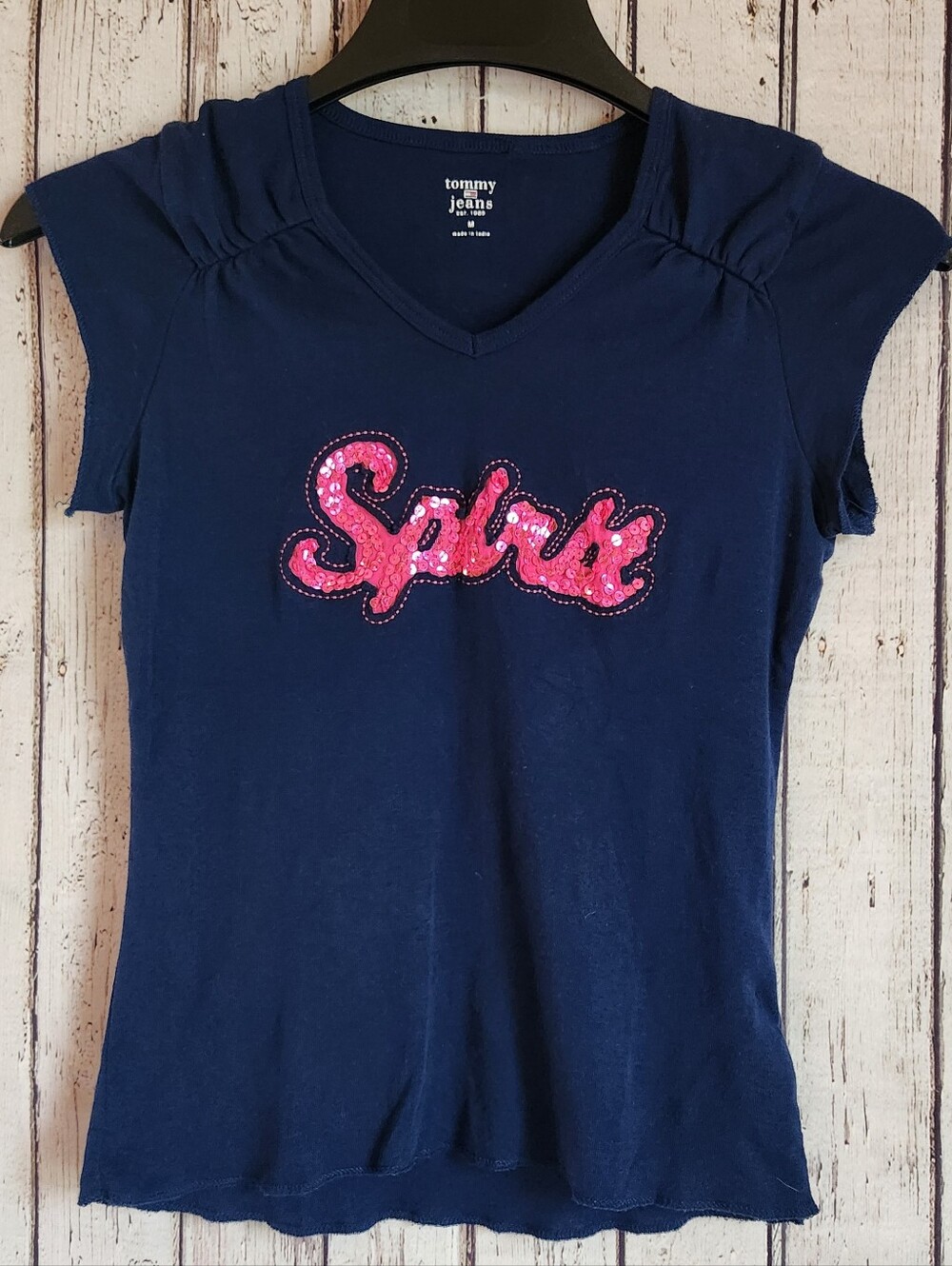 Vintage Tommy Jeans Y2K Navy Blue Sequin "Spirit" Graphic T-Shirt Cap Sleeve M